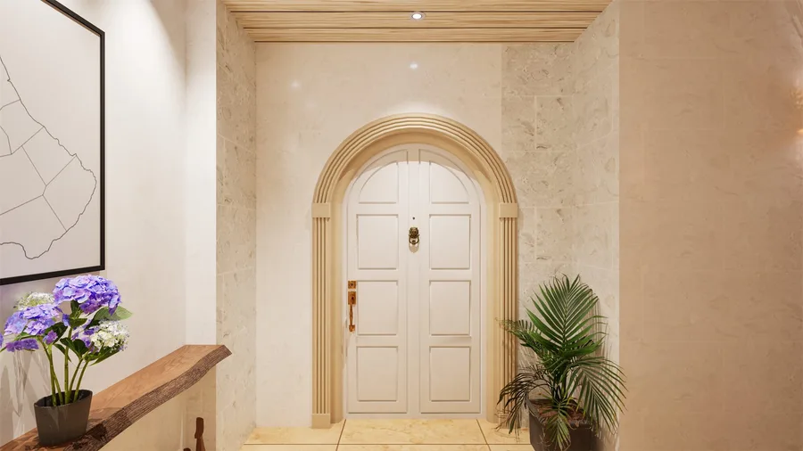 Photorealistic render of a suite entrance at Hotel Old Trees, featuring an arched doorway with an ornate brass-handled door.